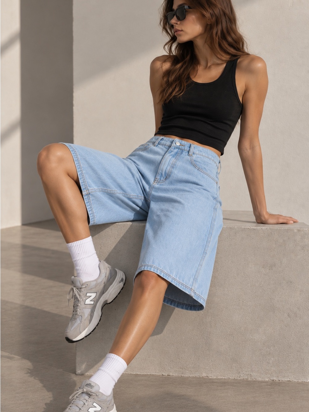 High-Rise Light Blue Denim Bermuda Shorts - Women